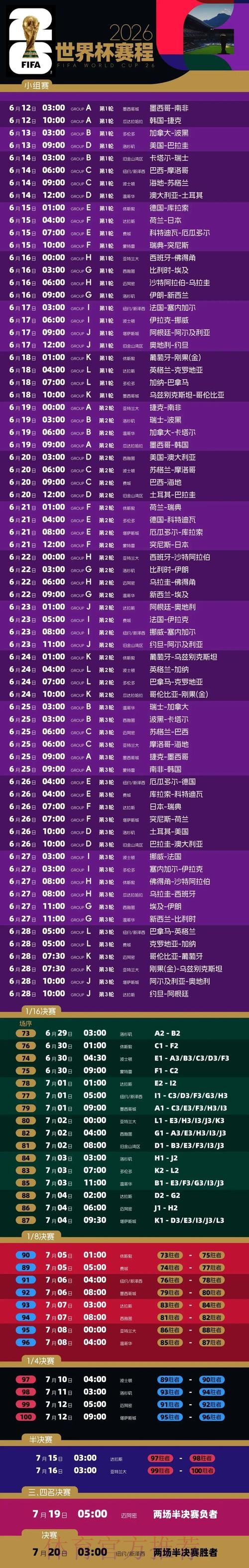 2026世界杯比赛时间完整版比赛时间表实时查看